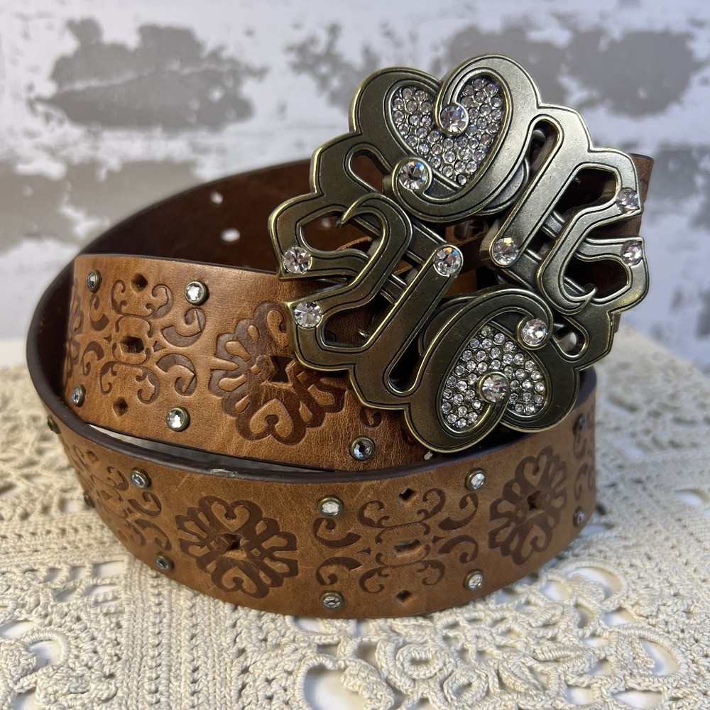 Miss Me Leather Belt Women's Sz 34 Antique Brass Tone Hearts Buckle Y2K Bling - Picture 3 of 8